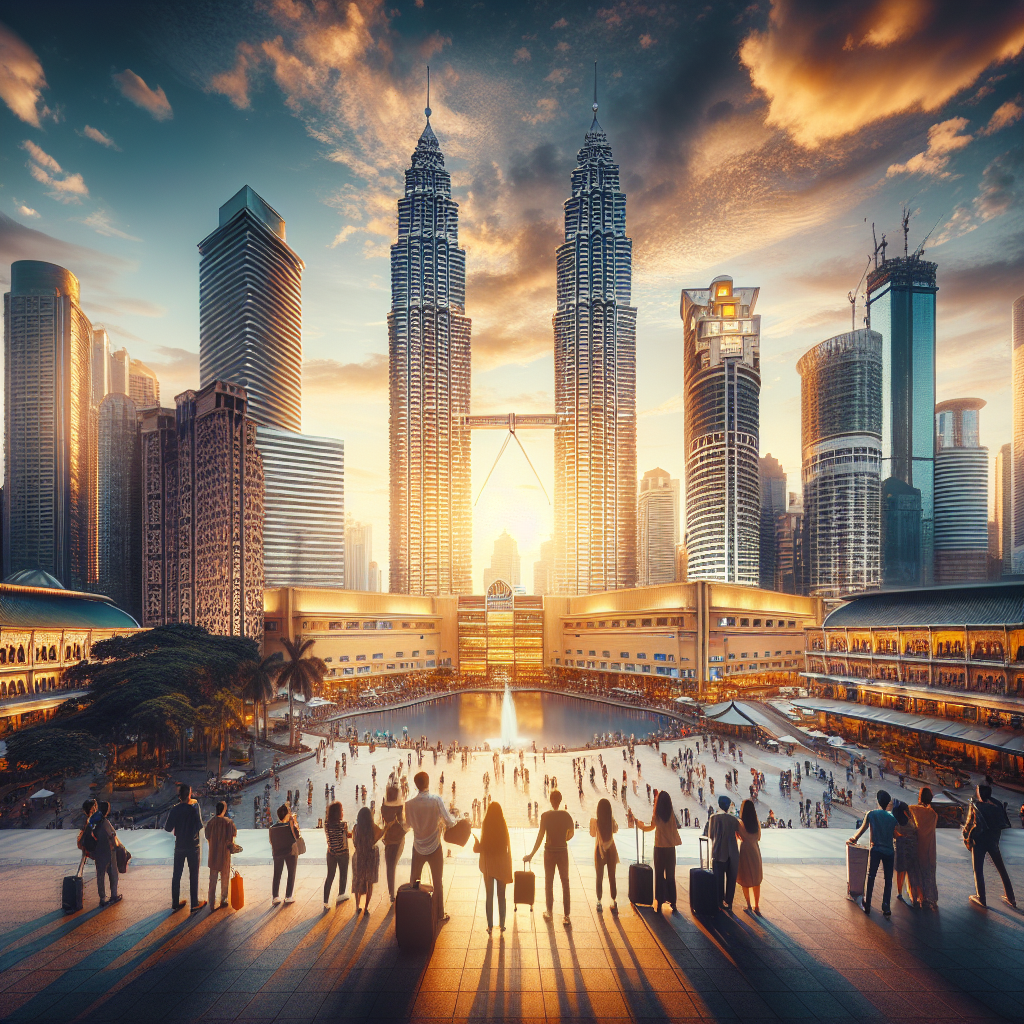 Oversiktsbilde av Kuala Lumpurs skyline i gyldent kveldslys, med reisende i forgrunnen som ser på byen, moderne og innbydende, høy oppløsning